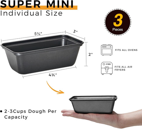 HONGBAKE Mini Loaf Pan for Baking Bread, 6 x 3.3 x 2 In Nonstick Small Banana Bread Tins Set of 3, Tiny Carbon Steel Meatloaf Pan - Dark Grey...