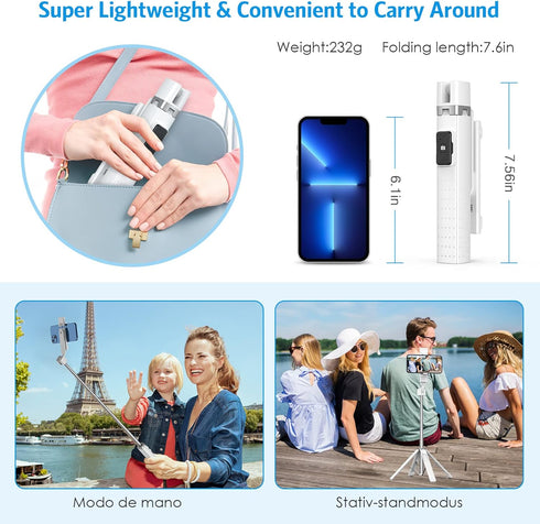 AMIR 40” Selfie Stick Quadrapod, Extendable Selfie Stick with Wireless Bluetooth Remote & Fill Light, 3 Light Modes, 9 Brightness Levels, Compatib...