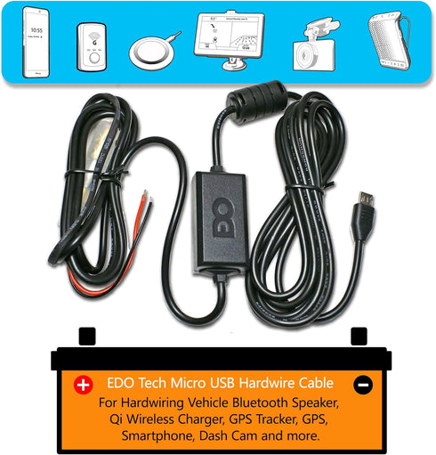 EDO Tech Ultra Compact Micro USB Direct Hardwire Car Power Cord Kit for GPS Tracker Navigator Bluetooth Speaker Qi Wireless Charger Dash Cam DVR 1...