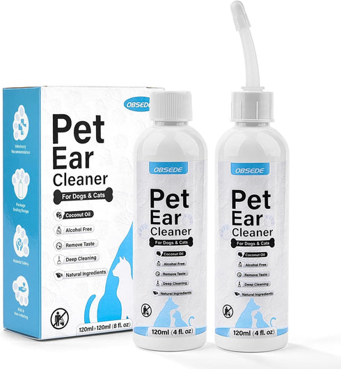 OBSEDE Dog Ear Cleaner - Dog Ear Cleaning Solution Naturally Reduce Dirt Wax Buildup Clear Cat Ear Drops Wash Gently Soothing Odor Control Easy to...