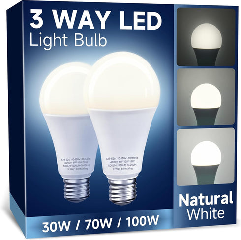 3 Way LED Light Bulbs, 3 Way Light Bulbs 30 70 100W Equivalent, Natural White 4000K Three Way A19 Light Bulbs, E26 Medium Base, 3-Way Light Bulbs ...