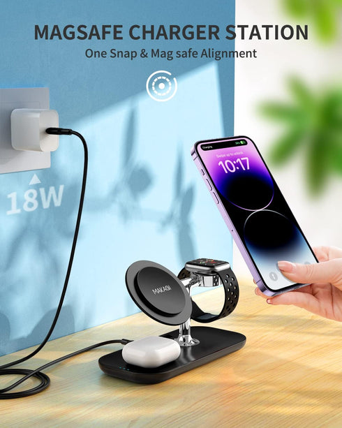 3 in 1 Wireless Charger for MagSafe, MAKAQI Magnetic Wireless Charging Station for iPhone 15/14/13/12,Apple Watch, AirPods 3/2/Pro?Cable and Wall ...
