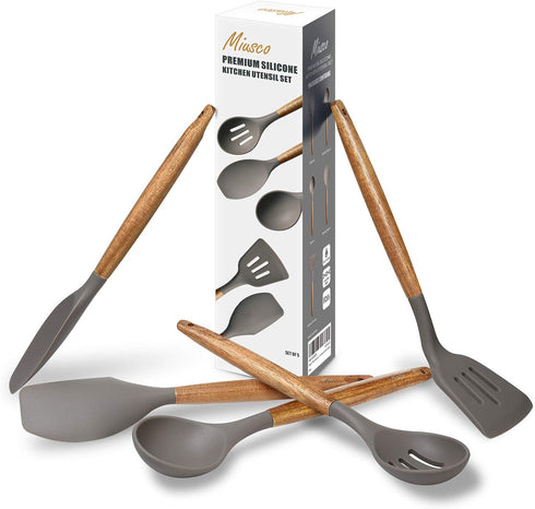 Kitchen Utensils Set, Silicone Cooking Utensils Set,Non-Stick Silicone Spatula Set with Natural Acacia Hard Wood Handle, 5 Piece, Upgraded Thicken...