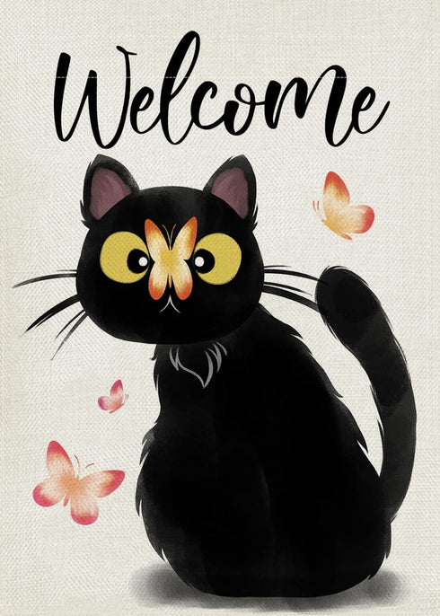 Welcome Black Cat Decorative Garden Flag, Cute Kitten Butterfly Home Yard Outdoor Decor Cat Lover Gifts, Spring Summer Seasonal Small Outside Deco...