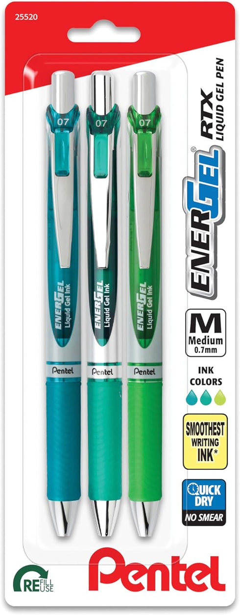 EnerGel RTX Retractable Liquid Gel Pen, 0.7mm, Chill Hue, Turquoise, Green, and Lime Green Ink, Pack of 3 Pens (BL77CHIBP3M)...