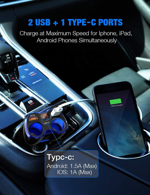 Car Charger, 150W 2-Socket Cigarette Lighter Splitter QC 3.0 Dual USB Ports 1 USB C Fast Car Adapter with Separate Switch LED Voltmeter Replaceabl...