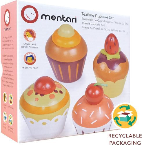 Toys - Teatime Cupcake Set - 4pc Wooden Assorted Decorated Cupcake Playset - Afternook Playset Toy for Children Pretend Kitchen Play - Social and ...