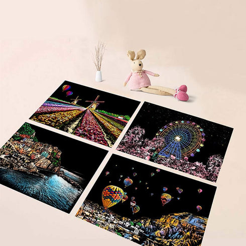 MIASTAR Scratch & Sketch Art for Kids & Adults, Rainbow Painting Night View Scratchboard(A4), Art & Craft, 4 Sheets Scratch Cards & Drawing Pen, C...