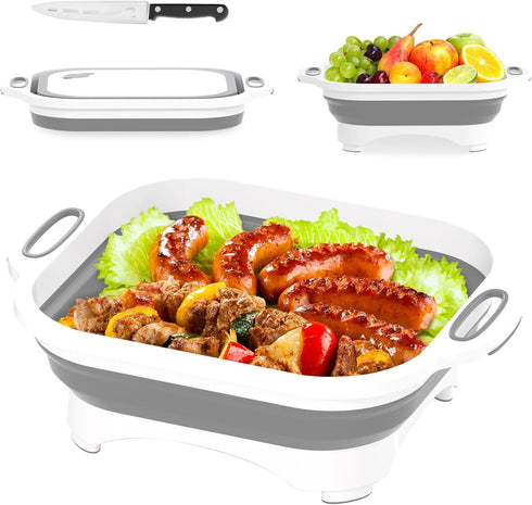 Collapsible Cutting Board,HI NINGER Camping cutting board with knife,Multifunctional Kitchen Vegetable Washing Basket Silicone Dish Tub for Campin...