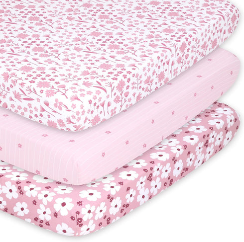The Peanutshell Pack n Play Sheets for Baby Girl, Fitted Mini Crib Sheets, Playard Sheets, Playpen, Portable Crib Bedding, Floral Daisy 3 Pack...