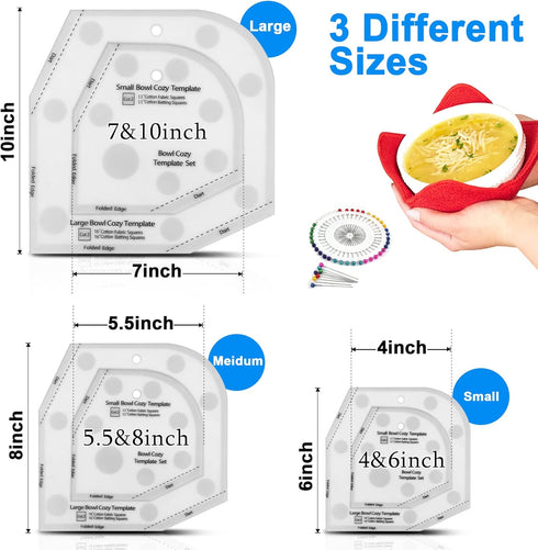Bowl Cozy Template 3 Sizes, Bowl Cozy Pattern Template, Bowl Cozy Template Cutting Ruler Set of 4, Large Bowl Cozy Template for Sewing with 40 Pcs...