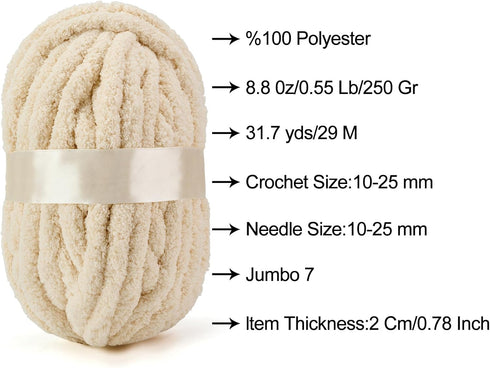 Chenille Chunky Yarn Super Bulky Soft Thick Fluffy Jumbo Giant Washable Polyester Big Yarn DIY for Arm Knit Blanket Cushion Bed Sofa Home Decor,Be...