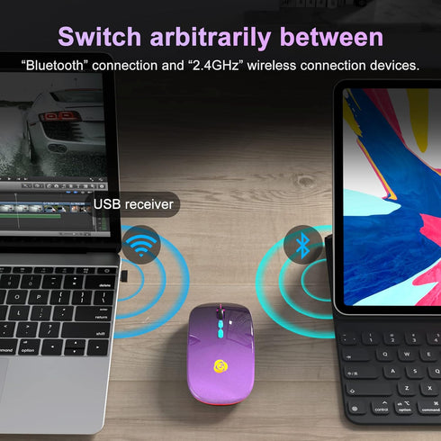 LED Wireless Mouse, Bluetooth Mouse &2.4GHz Instant Connection,Rechargeable Ultra Silent Slim,3 DPI 2 Connection Modes with USB-C to USB Adapter f...