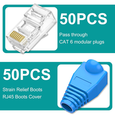 UTP RJ45 Connectors, Cat6 RJ45 Pass Through Plugs 50-Pack, Cat6 RJ45 Plugs with 50-Pack Strain Relief Boots for Solid or Standard Ethernet Cables,...