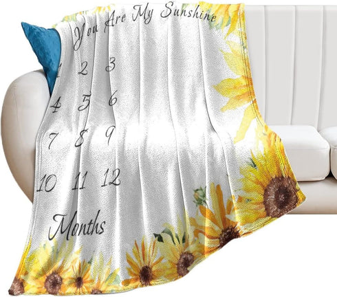 Sunflower Baby Monthly Milestone Blanket for Girls, Newborn Yellow Floral Month Blanket, Soft Flannel Photography Background Prop Blanket, Persona...