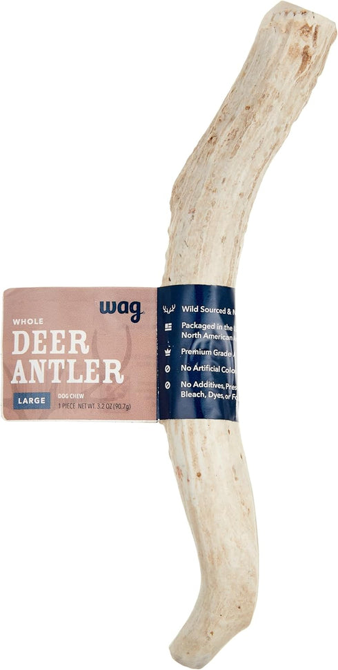 Amazon Brand - Wag Dog Deer Antler Chew, Naturally Shed, Whole, Large 8-9.5 inches (Best for Dogs 30-45 lbs), 3.20 Ounce (Pack of 1)...
