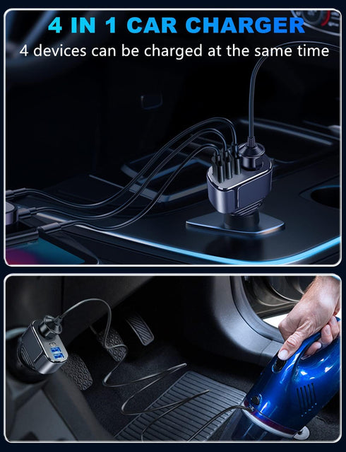 4 in 1 USB C Car Charger Adapter, 210W Multi USB Cigarette Lighter Adapter, Socket Splitter with 3 USB Ports, 12V/24V Outlet Dual USB Type C PD Fa...