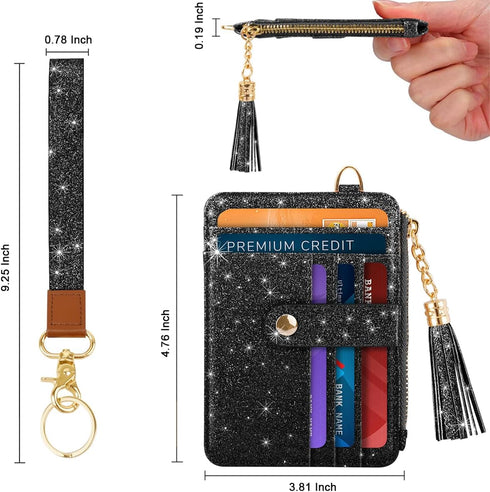 Slim Zipper Credit Card Holder with Keychain Wristlet Small RFID Glitter Leather Wallet with ID Window for Women,Black...