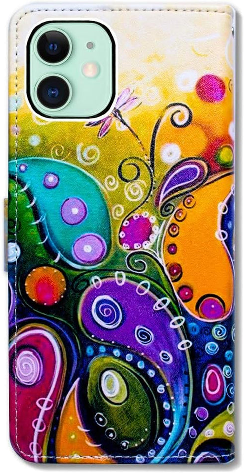Case for iPhone 12 Mini, Colorful Dragonfly Leather Flip Phone Case Wallet Cover with Card Slot Holder Kickstand for iPhone 12 Mini...