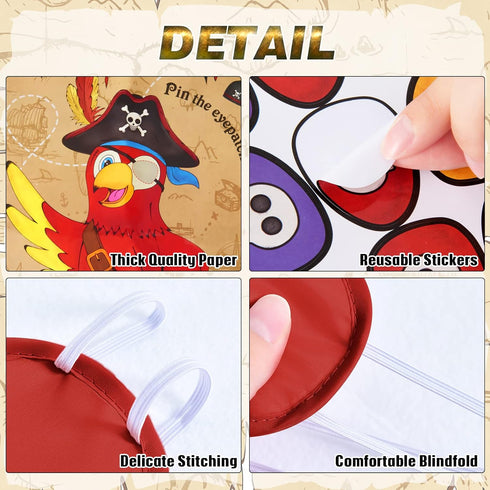 WERNNSAI Pin The Eye Patch on The Pirate - Pirate Party Games for Kids Boys 28'' x 21'' Parrot Game Poster with 24 PCS Reusable Stickers Blindfold...