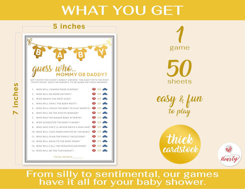 Party Hearty Baby Shower Games for Girl or Boy, 50 pcs Mommy or Daddy Guess Who Game, Fun Activity Cards, Gender Neutral, Ideas...