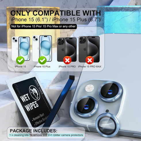 Choiche Compatible for iPhone 15 /iPhone 15 Plus Camera Lens Protector, 9H Tempered Glass Camera Cover Screen Protector Metal Ring Decoration Acce...