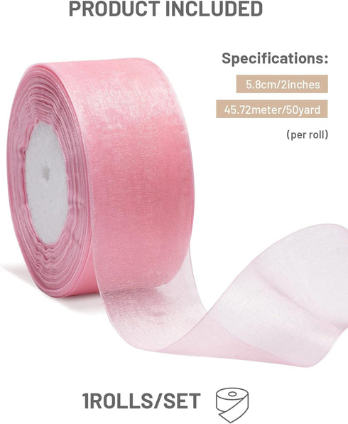 Pink Organza Ribbon for Gift Wrapping, FAKILO 2 Inch Shimmer Sheer Wrapping Ribbon for Bouquet, Wedding, Christmas Gift - 50 Yards Each Roll...