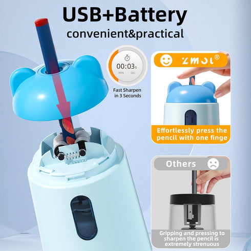 ZMOL Electric Pencil Roller Battery Powered Cute Bear Head Quick Sharpener Portable Pencil Roller Battery Powered USB (Plug Not Included) Blue...