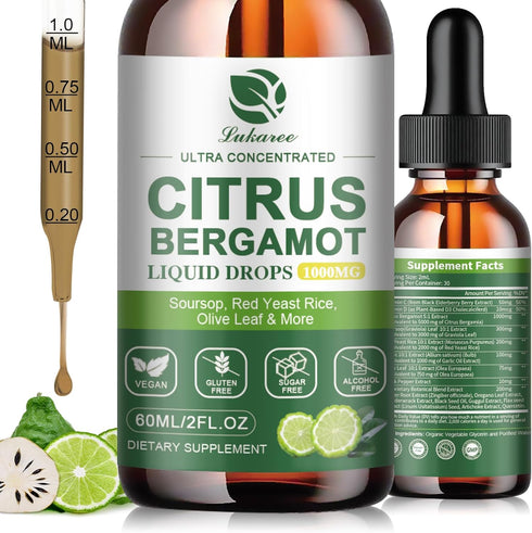 Citrus Bergamot Liquid Drops 1000mg - Natural Supplement with Soursop, Red Yeast Rice, Garlic, Olive Leaf, Black Pepper - High Absorption - Suppor...