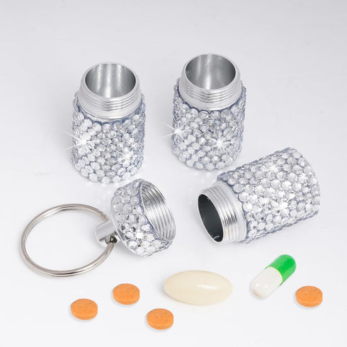 Bling Pill Case Pill Box Pill Organizers with Keychain Rhinestone Portable Pill Holder Waterproof Glitter Pill Storage Container for Indoor Outdoo...