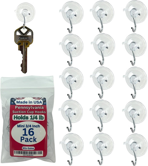 16-Pack Mini 3/4 inch (Made in Pennsylvania) Heavy Duty Suction Cup Hooks for Glass Windows. for Signs Holiday Ornaments Suncatchers (Holds ¼ Poun...
