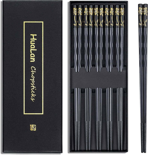 Fiberglass Chopsticks Series - Japanese Non-Slip Chopstick, Reusable Chop Sticks Dishwasher Safe, 5 Pairs, Gift Set, 9.9 Inches, Black...
