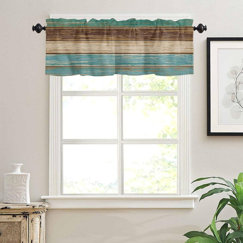 Rustic Farmhouse Valances Curtains for Kitchen Windows, Retro Wood Rod Pocket Curtain Toppers Teal Green Brown Country Short Curtains Treatments f...