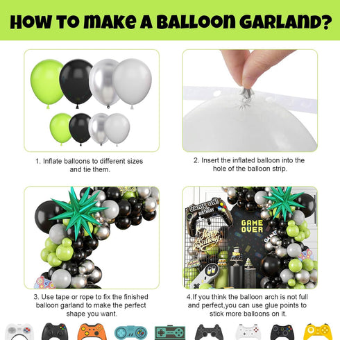 Video Game Balloon Arch, Green Black Balloon Arch Garland, Light Lime Green Black Grey Latex Balloons Star Gamepad Foil Balloon Helium for Boys Me...
