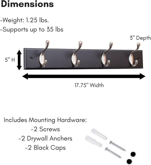 BIRDROCK HOME Oval Hook Coat and Hat Rack | 4 Hooks | Wall Mount | Black Finish | Satin Nickel Hooks...