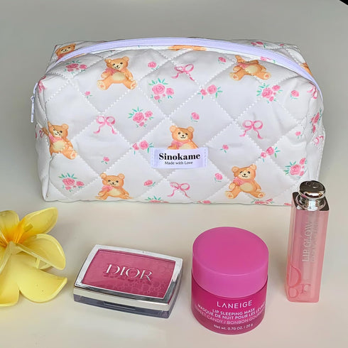 Cute Travel Makeup Bag, Cotton Quilted Small Cosmetic Bag Handmade, Bear Bow Patterns Coquette Aesthetic Floral Pouches Toiletry Brushes Pencil Or...
