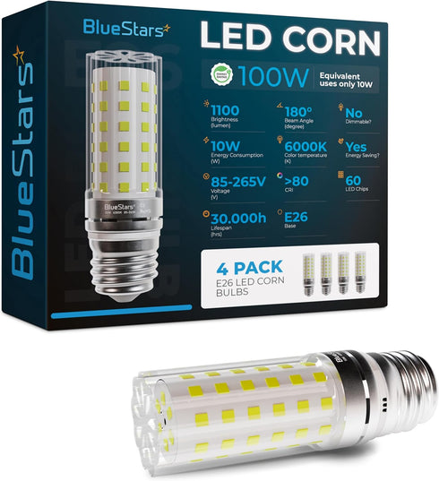 BlueStars 4-Pack 10W (100 Watt Equivalent) 1100 Lumens, 6000K Cool White, E26/E27 Medium Base, Non-Dimmable Tubular LED Corn Light Bulbs...