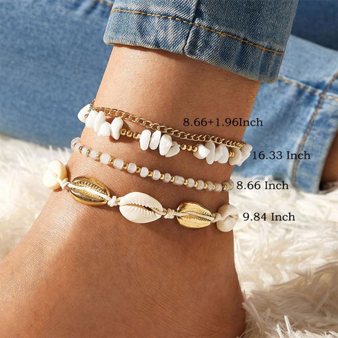 FUTIMELY Layered Gold Shell Ankle Bracelets Set for Women Teen Girls,Boho Dainty Handmade Seashell Gravel Bead Adjustable Gold Plated Anklet Set W...