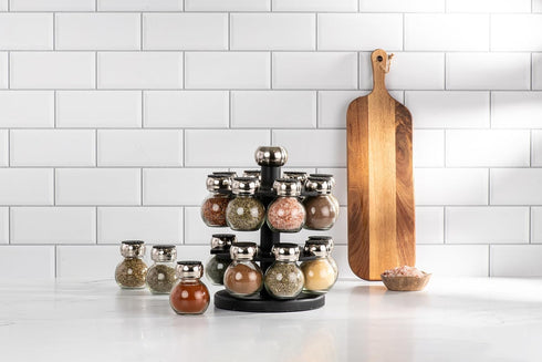 Olde Thompson Since 1944 Orbit Rotating Rack, 16 Refillable Spice Jars, Labeled Shaker Tops, 45, Black, Clear...