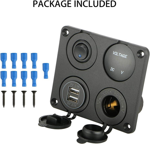 Linkstyle 4 in 1 Charger Socket Panel, 12V 4.2A Dual USB Charger Socket Power Outlet & LED Voltmeter & Cigarette Lighter Socket & LED Lighted ON O...