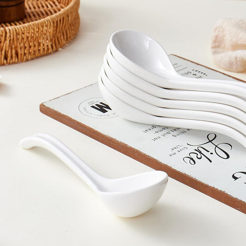 Soup Spoons Set of 6,Asian Soup Spoon Ceramic Ramen Spoons, Japanese Hook Design Soup Spoon For Miso, Dumpling, Chinese Wonton, Vietnamese Pho, No...