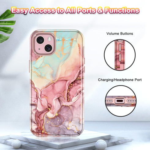 Btscase for iPhone 15 Plus Case 6.7 inch (2023), Marble Pattern 3 in 1 Heavy Duty Full Body Shockproof Hard PC+Soft Silicone Drop Protective Women...