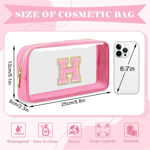 Personalized Initial Letter Clear Makeup Bag,Preppy Small Nylon&PVC Cosmetic Zipper Bag with Chenille Letter,Portable Beach Travel Skincare Toilet...