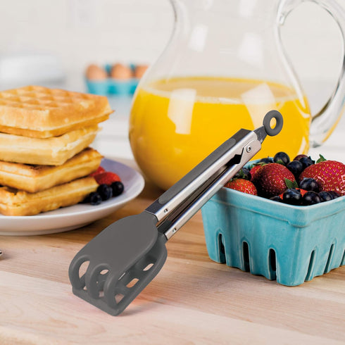 Tovolo Mini Waffles Tongs with Silicone Tips (Charcoal) - Small Tongs for Fruit, Coffee Bar, Charcuterie, Salad, Tea Party, Cooking, Taco Bar, App...