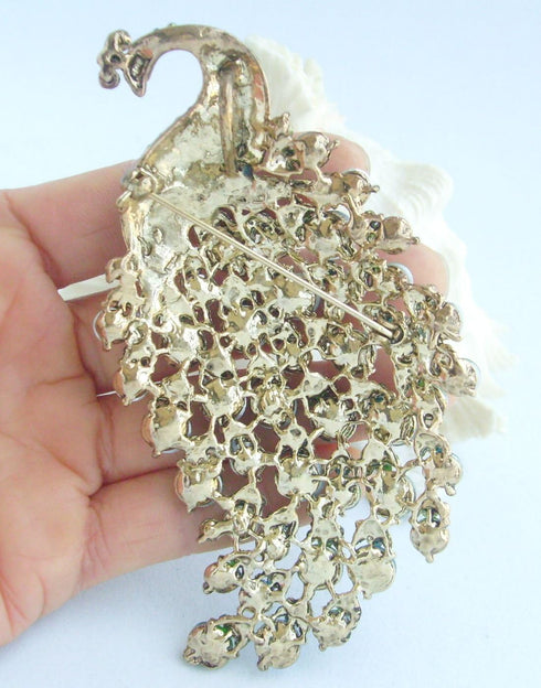 Sindary Pretty Bird 4.33" Peacock Brooch Pin Austrian Crystal BZ5651 (Gold-Tone Red)...