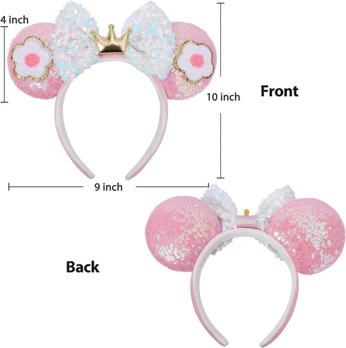 3D Mouse Ears Headbands, Flower Pink Sequin Mouse Ears for Women Girls, 2" Extra Thick Headband with 4" Park Ears, Birthday Party Decorations Hair...