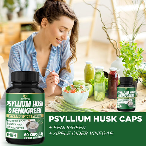 BMVINVOL Psyllium Husk Fiber Supplement t with Fenugreek, Apple Cider Vinegar, Turmeric, Ginger, Black Pepper- Digestion Health Support - 60 Capsu...