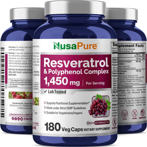 NusaPure Resveratrol & Polyphenol Complex 1450mg 180 Vegetarian Caps (Non-GMO, Vegan) Vitamin C...