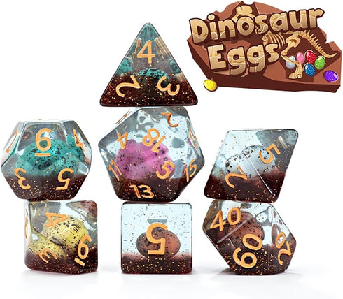 Gate Keeper Games and Dice: Inclusion Dice: Dinosaur Eggs - 7pc RPG Set, Multi-Colored Dino Eggs & Brown Glitter in Clear Resin, Role Playing Game...