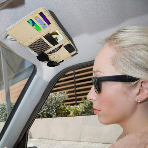 Car Sun Visor Organizer, Leather Pocket Organizer Sunglass Holder for Car Interior Accessories with Multi-Pocket Net Zipper (Beige)...